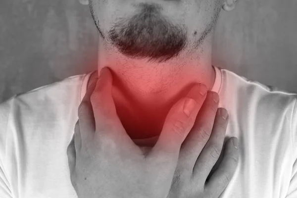 Man Sore Throat Black White Photo Red Pain Area — Stock Photo, Image