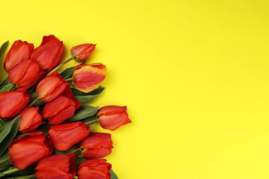 Sarı zemin üzerinde kırmızı laleler olan tebrik kartı formu