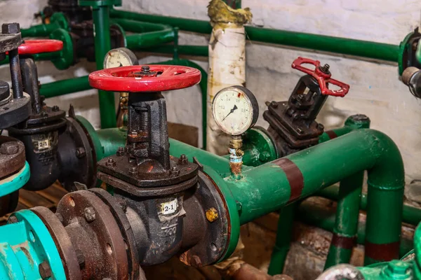 Pipeline with valves in a gas boiler house, heating of industrial and residential facilities