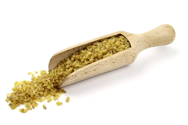 Bulgur Wheat Grain Wooden Scoop Isolated White Vegan Healthy Food — Stock Photo, Image