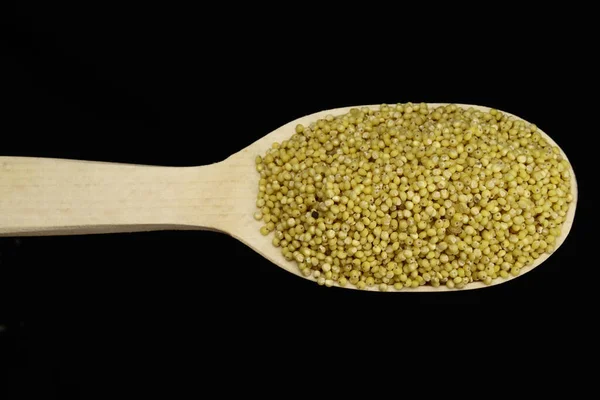 Millet Wooden Spoon Black Background — Stock Photo, Image