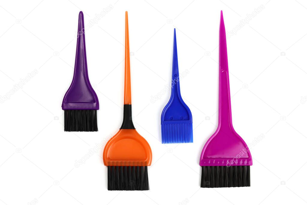 Set of hair dye brushes isolated on white. Professional styling tools