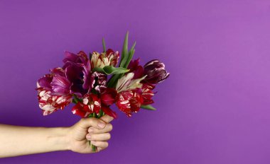 Mor arka planda bir buket güzel çiçekle.