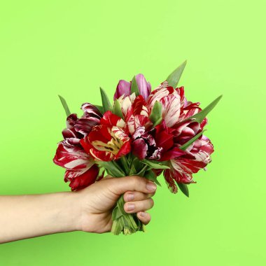 Yeşil arka planda bir buket güzel çiçekle.