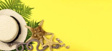 Sarı arka planda yaz yatay afişi. Yatay pankart. Metin için alanı kopyala