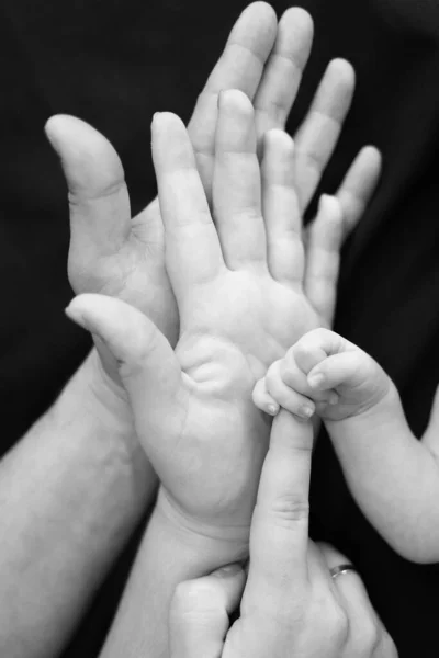 Handen Van Het Gezin Kinderen Vader Moeder Zwart Wit — Stockfoto