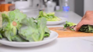 Kadar yakın ve yeşil sebze beyaz masaya Hd 1920 x 1080 kesme kadın el atış kaymak dolly