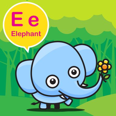 E Elephant renkli karikatür ve çocuklar için alfabe v öğrenme