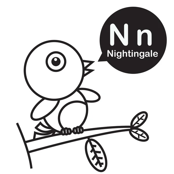 N Nightingale cartoon and alphabet for children to learning and — Stock Vector