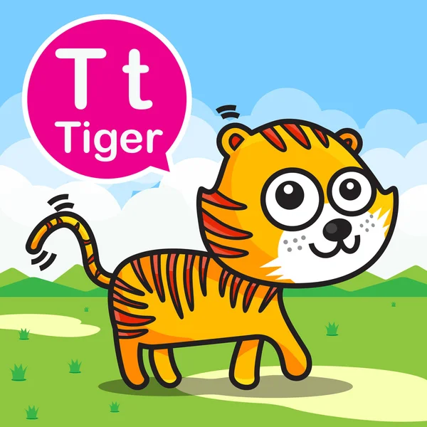T 老虎彩色卡通和字母表为儿童学习 vect — 图库矢量图片