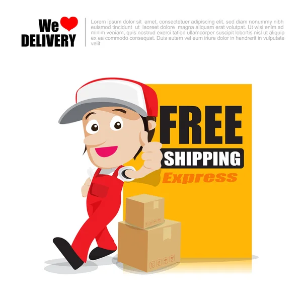 Smile delivery man thumb up with text sign free shipping cartoon — Stock Vector