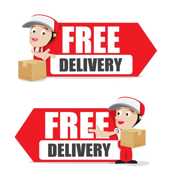 Smile delivery hombre manejo de la caja y paquete de entrega de dibujos animados — Vector de stock