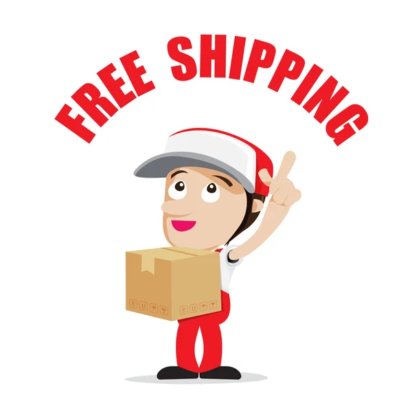 Smile delivery hombre manejo de la caja y paquete de entrega de dibujos animados — Vector de stock