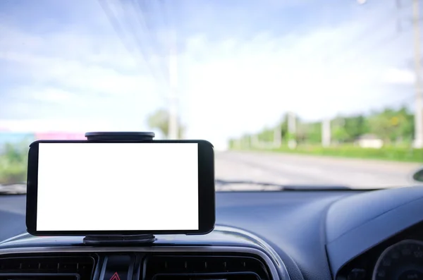 Telefone inteligente móvel em branco foco seletivo no fundo da estrada shal — Fotografia de Stock