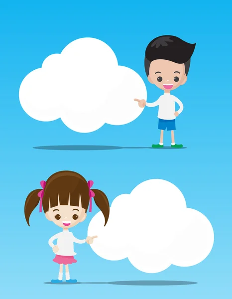 El niño y la niña apuntando a la nube en blanco con copyspace — Vector de stock