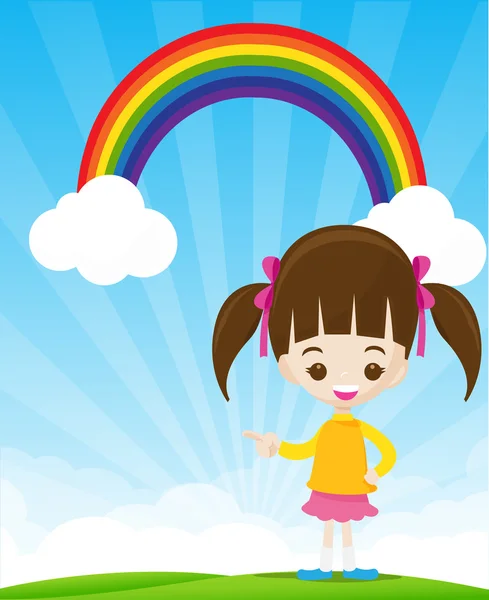 Cute little girl pointing the finger on sunburst and blue sky wi — Stock Vector