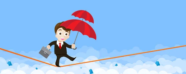 Uomo d'affari cartone animato con ombrello e camminare sulla vestaglia th — Vettoriale Stock