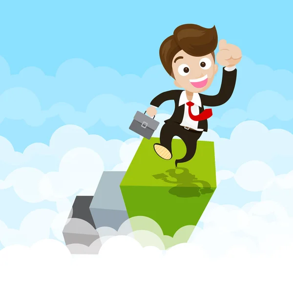Geschäftsmann springt vor Freude auf grünem Schritt ovet cloud und blauem b — Stockvektor