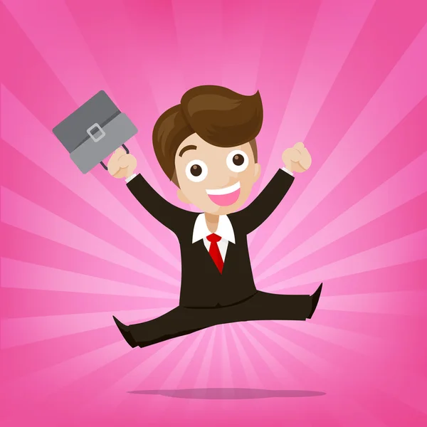 Businessman jumping with joy on sunburst pink background — Stock Vector