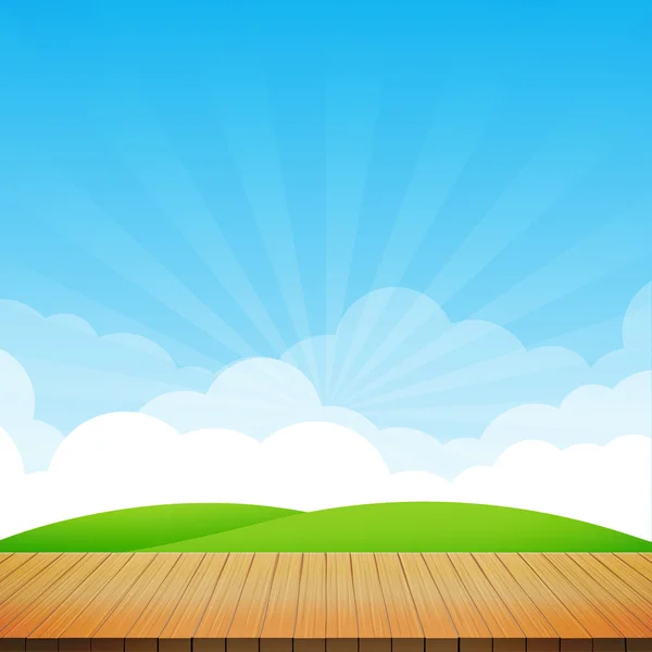 Piso de madeira marrom com campo verde e fundo azul céu vazio — Vetor de Stock