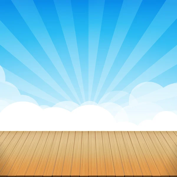 Hnědé dřevěné podlahy textury a modrá obloha sunburst pozadí prázdný — Stockový vektor