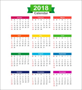 Beyaz arka plan vektör illustra üzerinde izole 2018 yılı takvimi