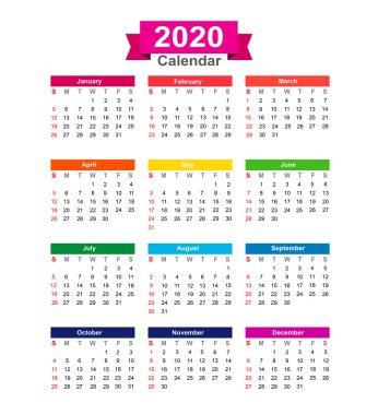 Beyaz arka plan vektör illustra üzerinde izole 2020 yılı takvimi