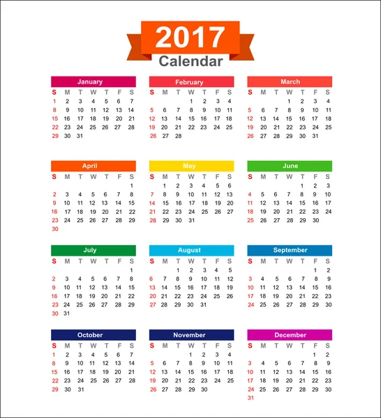 2017 Jahreskalender isoliert auf weißem Hintergrund Vektor illustrieren — Stockvektor