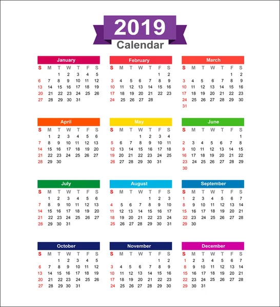 2019 Año calendario aislado sobre fondo blanco vector illustra — Archivo Imágenes Vectoriales