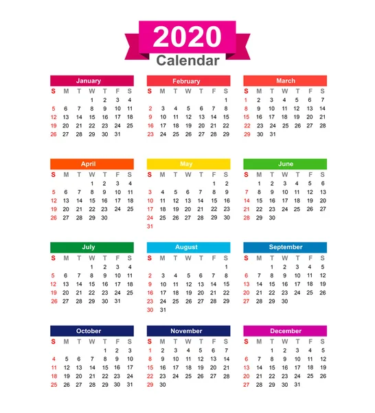 2020 Año calendario aislado sobre fondo blanco vector illustra — Archivo Imágenes Vectoriales