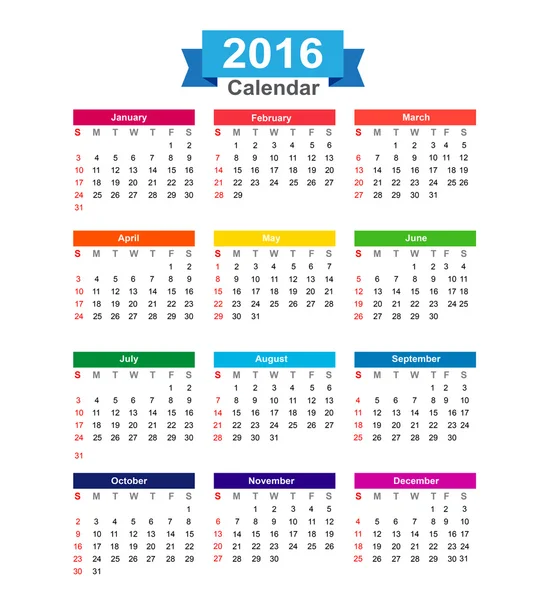 2016 Year calendar isolated on white background vector illustrat — Stock Vector