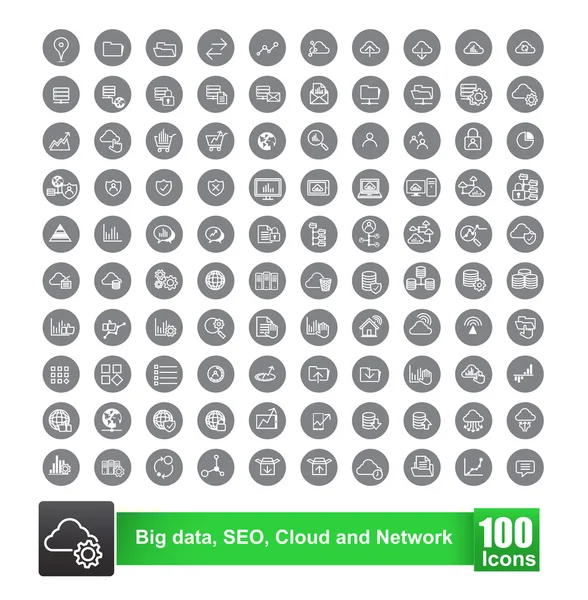 Conjunto de 100 icono con fondo de big data seo cloud y red v — Vector de stock