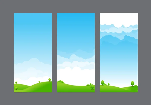 Plantilla de banner de la naturaleza campo verde cielo azul y elemento de nube ve — Vector de stock