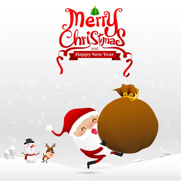 Merry christmas szöveg és a santa claus rajzfilm gazdaság piros ajándék ba — Stock Vector