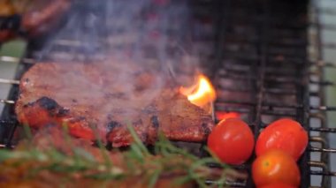 Biftek ızgarasında mangal yaparken yakın çekim, doğal karbon kömür ve dumanla.