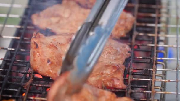 Primer Plano Parrilla Una Barbacoa Carne Cerdo Las Parrillas Calientes — Vídeos de Stock