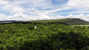 Yüksek açılı insansız hava aracı, tropik bölgedeki bir tarım çiftliğinin manzaralı manzarasını çekti.