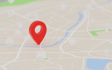 Haritada, navigatör ve seyahat konsepti için varış noktasının 3D görüntüleme kırmızı GPS noktası, odak derinliği alan seçiniz