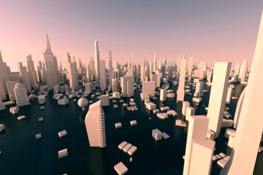 3D Rending beyaz şehir, Şehir bina ve sokak ile sığ alan etkisi derinliği