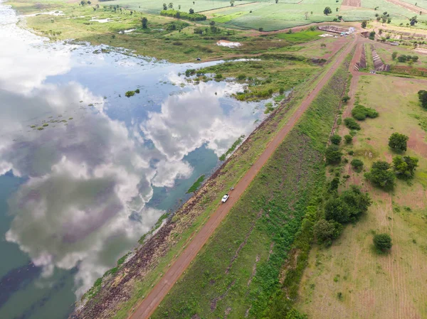 Drone Tiro Vista Aérea Paisagem Cênica Barragem Reservatório Rio Floresta — Fotografia de Stock