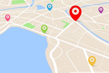 Varış noktası olan bir haritanın üç boyutlu üst görüntüsü, sokak ve nehir ile gündüz şehir haritasının hava temizliği, boş şehir hayal gücü haritası, GPS haritası navigatör konsepti, vektör ilülasyonu