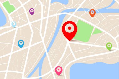 Varış noktası olan bir haritanın üç boyutlu üst görüntüsü, sokak ve nehir ile gündüz şehir haritasının hava temizliği, boş şehir hayal gücü haritası, GPS haritası navigatör konsepti, vektör ilülasyonu