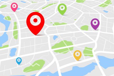 Varış noktası olan bir haritanın üç boyutlu üst görüntüsü, sokak ve nehir ile gündüz şehir haritasının hava temizliği, boş şehir hayal gücü haritası, GPS haritası navigatör konsepti, vektör ilülasyonu