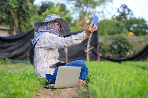 Thajský Zemědělec Pomocí Smartphonu Fotit Selfie Ranní Slávě Zeleninové Farmy — Stock fotografie