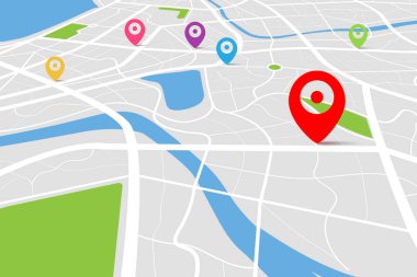 Varış noktası olan bir haritanın üç boyutlu üst görüntüsü, sokak ve nehir ile gündüz şehir haritasının hava temizliği, boş şehir hayal gücü haritası, GPS haritası navigatör konsepti, vektör ilülasyonu