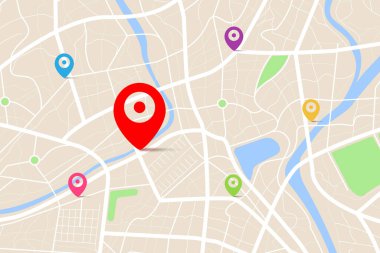 Varış noktası olan bir haritanın üç boyutlu üst görüntüsü, sokak ve nehir ile gündüz şehir haritasının hava temizliği, boş şehir hayal gücü haritası, GPS haritası navigatör konsepti, vektör ilülasyonu