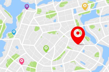 Varış noktası olan bir haritanın üç boyutlu üst görüntüsü, sokak ve nehir ile gündüz şehir haritasının hava temizliği, boş şehir hayal gücü haritası, GPS haritası navigatör konsepti, vektör ilülasyonu