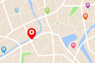 Varış noktası olan bir haritanın üç boyutlu üst görüntüsü, sokak ve nehir ile gündüz şehir haritasının hava temizliği, boş şehir hayal gücü haritası, GPS haritası navigatör konsepti, vektör ilülasyonu