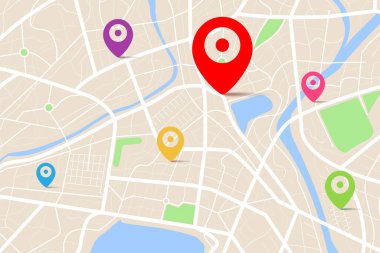 Varış noktası olan bir haritanın üç boyutlu üst görüntüsü, sokak ve nehir ile gündüz şehir haritasının hava temizliği, boş şehir hayal gücü haritası, GPS haritası navigatör konsepti, vektör ilülasyonu