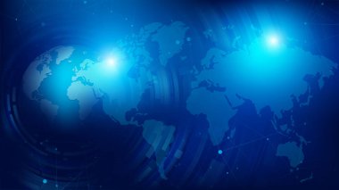 Soyut zemin 3 boyutlu dünya küresi ve fütüristik tarzda noktalı dünya haritası, siber ve iletişim dünyası konsepti, dünya haritası koyu mavi arkaplan üzerinde, geniş ekran oranı 16: 9 vektör illüstrasyonu